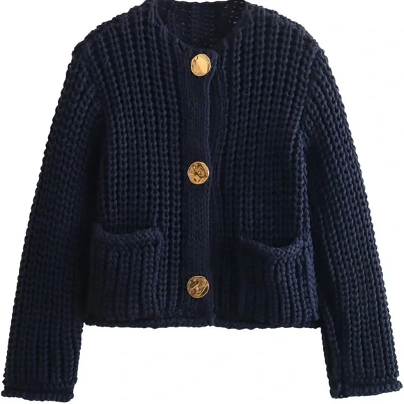 Influencer Chunky Knit Gold Button Cardigan Sweater SZ L - Picture 2 of 5